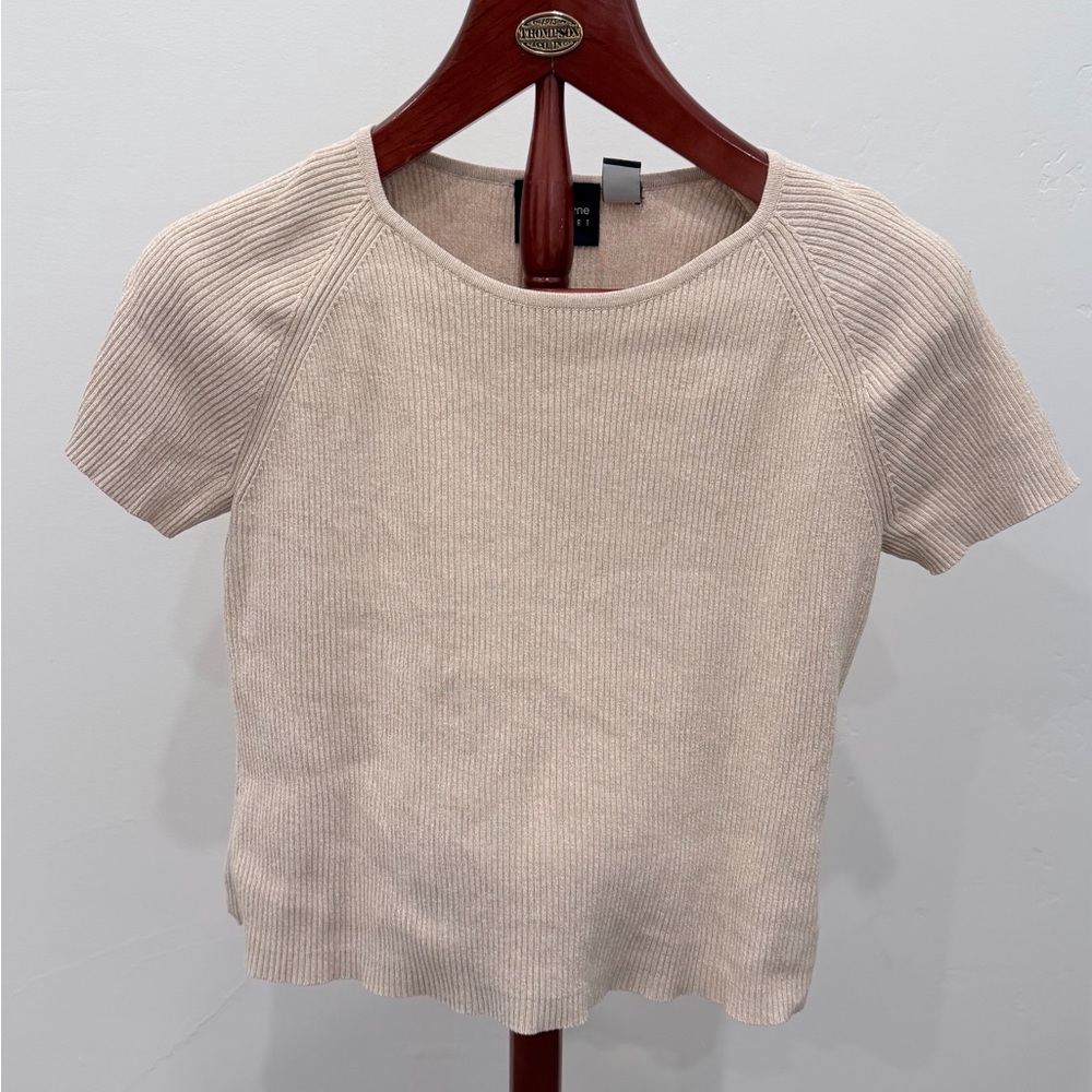 Liz Claiborne Short-Sleeve Ribbed Knit Top in Light Beige